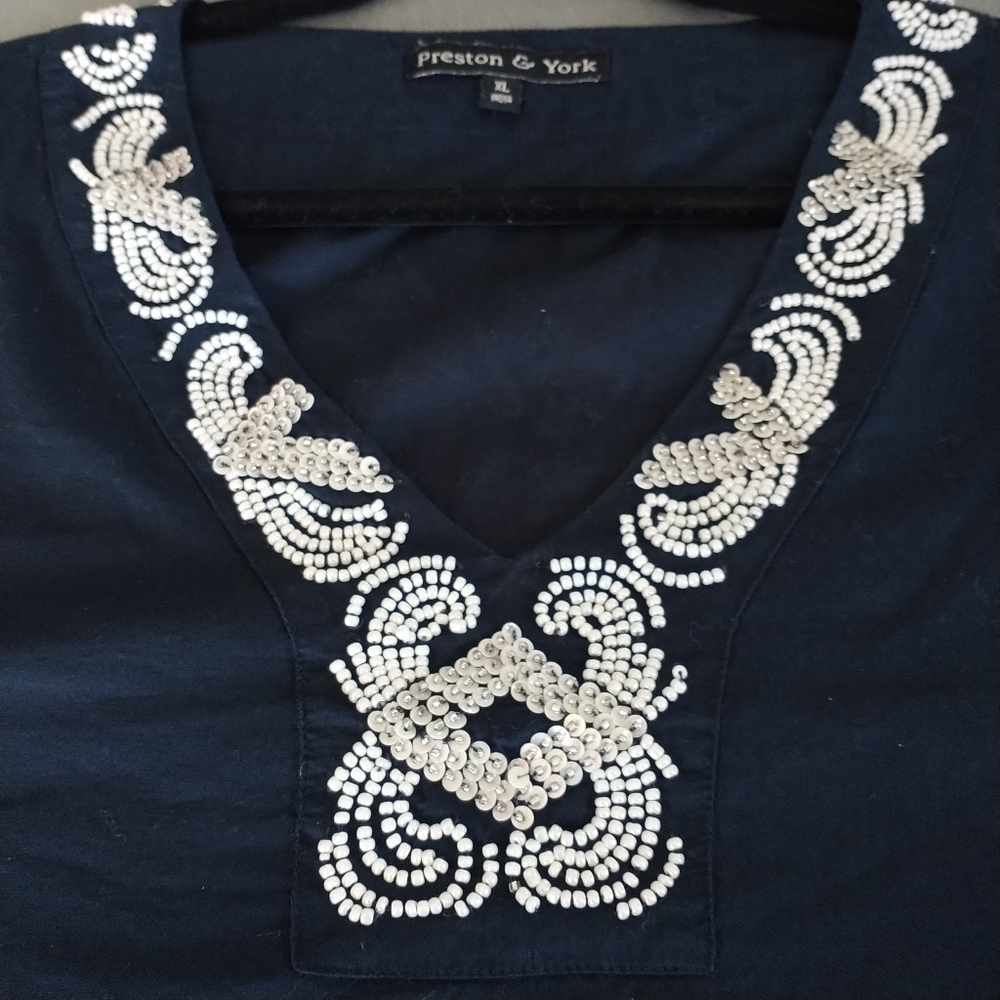 Preston & York Dark Navy V Neck w Beads & Sequins Tunic Top XL - Picture 8 of 14